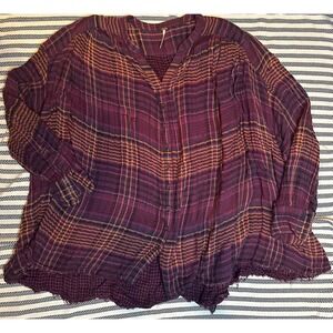 Free People Burgundy Plaid Gauze Button Up Shirt Tunic Top Women's Medium